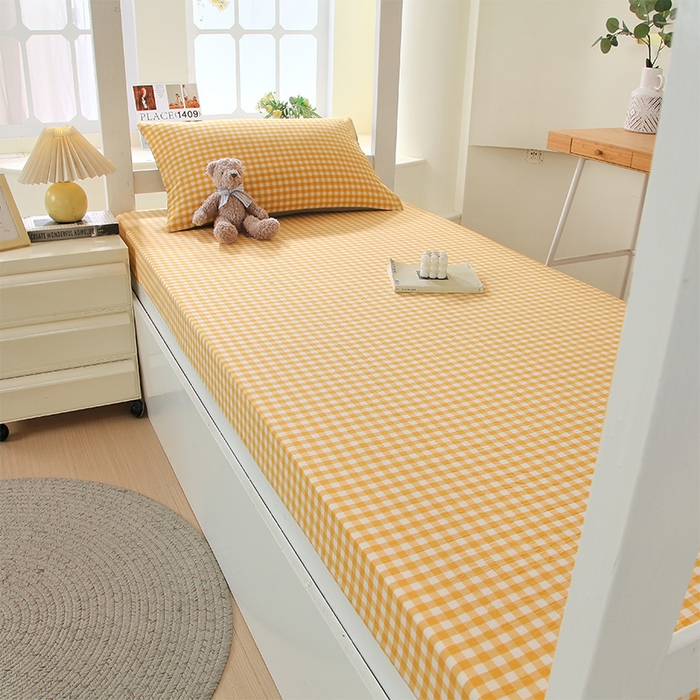 91家纺网 家纺一手货源 找家纺 春皖家纺 2025新款学生季全棉纯棉色织AB版水洗棉单品系列-单床笠 床笠单件 朱羽-黄格