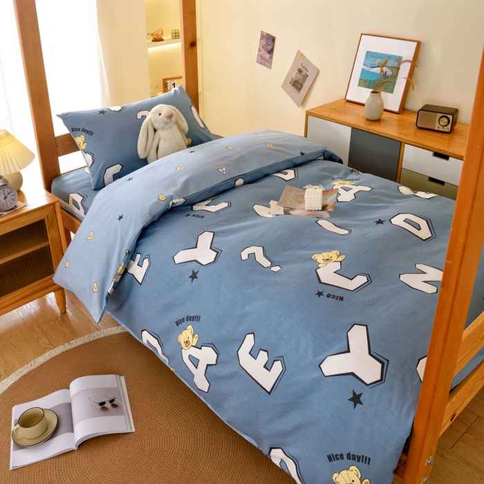 91家纺网 家纺一手货源 找家纺 水妙家纺 2025新款A类全棉拉链床垫套三件套纯棉学生上下铺全包床垫保护套三件套 可订制 床垫套布格熊-蓝