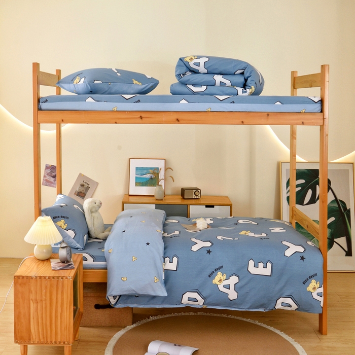 91家纺网 家纺一手货源 找家纺 水妙家纺 2025新款A类全棉拉链床垫套三件套纯棉学生上下铺全包床垫保护套三件套 可订制 床垫套布格熊-蓝