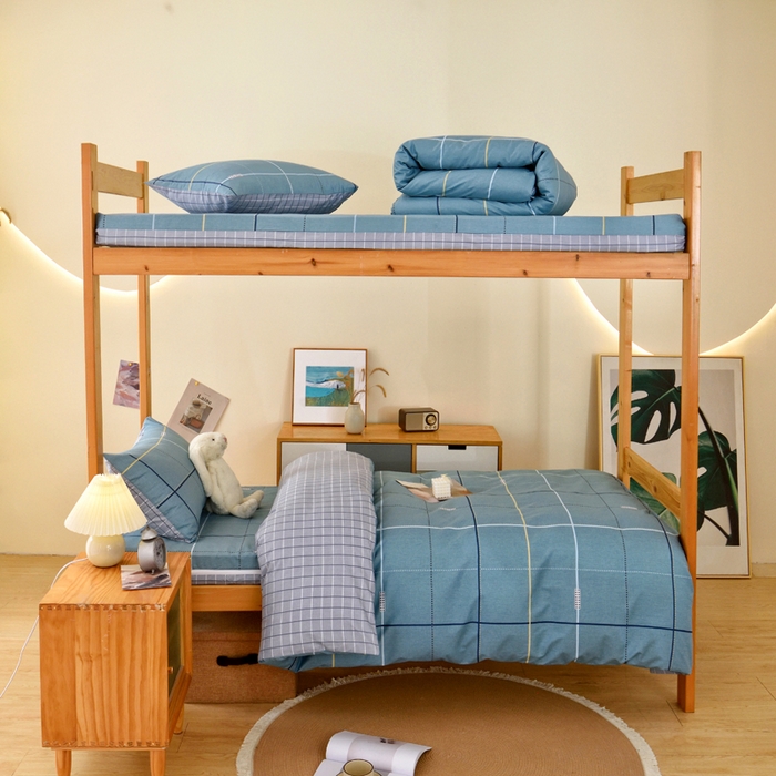 91家纺网 家纺一手货源 找家纺 水妙家纺 2025新款A类全棉拉链床垫套三件套纯棉学生上下铺全包床垫保护套三件套 可订制 床垫套宇格-蓝