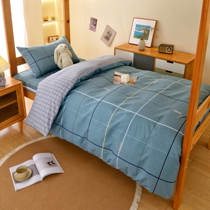 91家纺网 家纺一手货源 找家纺 水妙家纺 2025新款A类全棉拉链床垫套三件套纯棉学生上下铺全包床垫保护套三件套 可订制 床垫套宇格-蓝