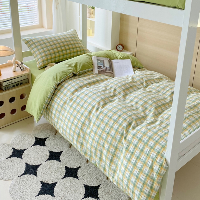 91家纺网 家纺一手货源 找家纺 春皖家纺 2025春夏新款AB版全棉纯棉色织水洗棉学生三件套六件套 栗木-芒格