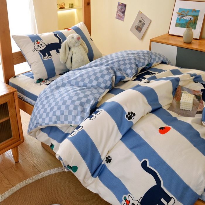 91家纺网 家纺一手货源 找家纺 水妙家纺 2025新款A类全棉拉链床垫套三件套纯棉学生上下铺全包床垫保护套三件套 可订制 床垫套猫达人