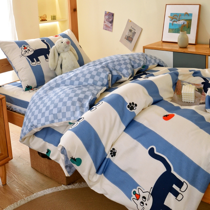 91家纺网 家纺一手货源 找家纺 水妙家纺 2025新款A类全棉拉链床垫套三件套纯棉学生上下铺全包床垫保护套三件套 可订制 床垫套猫达人