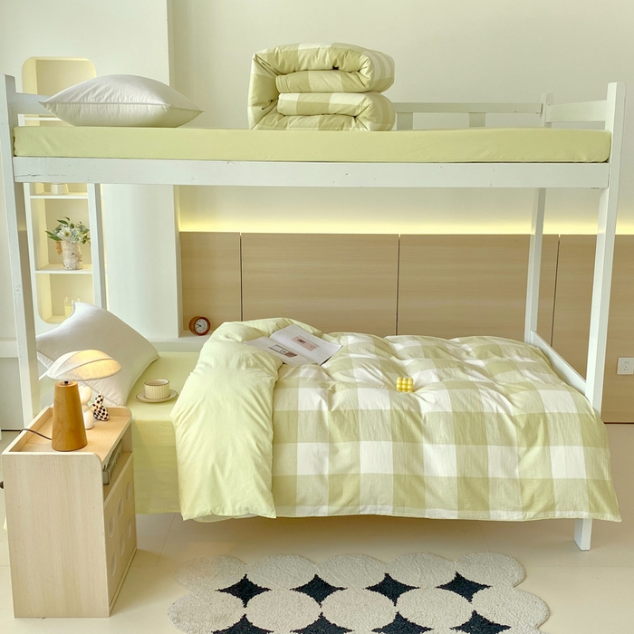 91家纺网 家纺一手货源 找家纺 春皖家纺 2025春夏新款AB版全棉纯棉色织水洗棉学生三件套六件套 素雅-芳绿