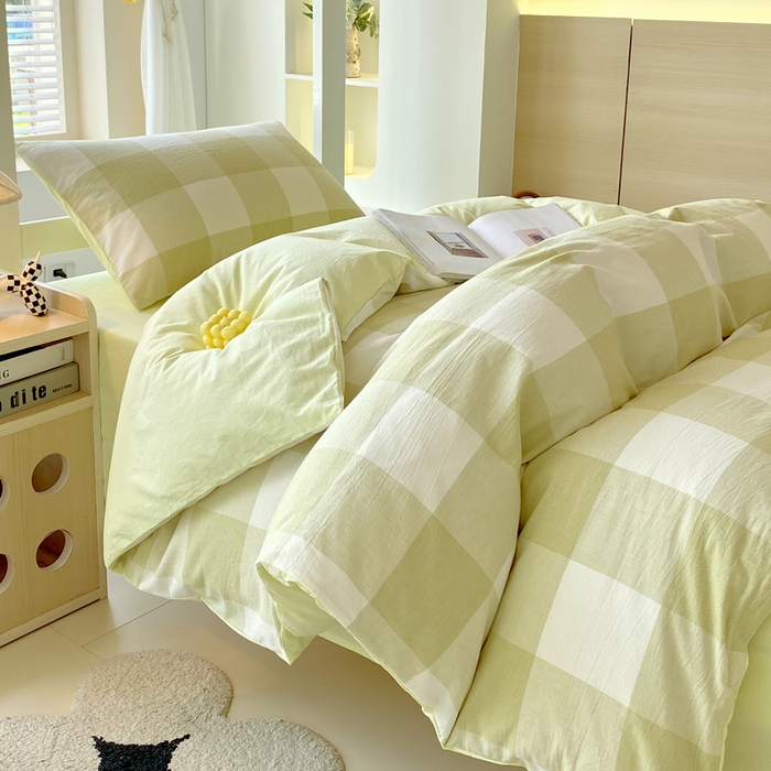 91家纺网 家纺一手货源 找家纺 春皖家纺 2025春夏新款AB版全棉纯棉色织水洗棉学生三件套六件套 素雅-芳绿