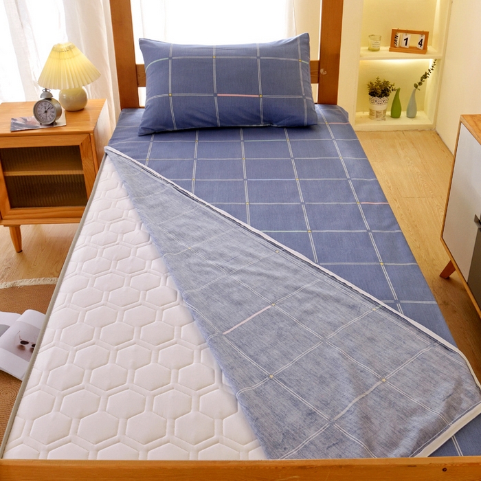 91家纺网 家纺一手货源 找家纺 水妙家纺 2025新款A类全棉拉链床垫套三件套纯棉学生上下铺全包床垫保护套三件套 可订制 床垫套念初-蓝