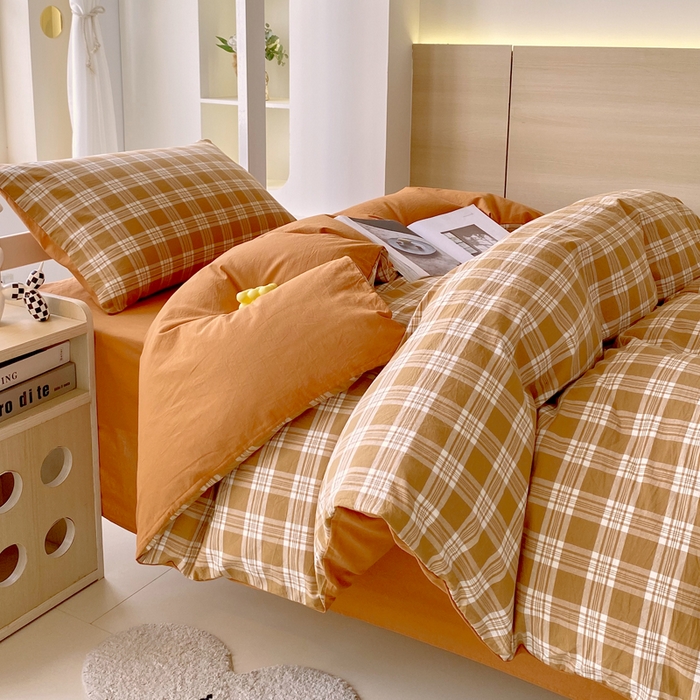 91家纺网 家纺一手货源 找家纺 春皖家纺 2025春夏新款AB版全棉纯棉色织水洗棉学生三件套六件套 素雅-黄格