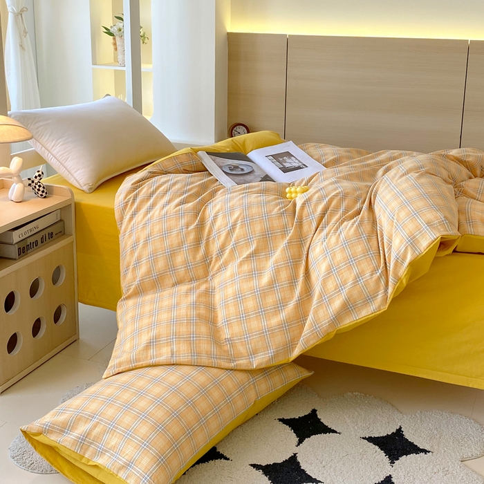 91家纺网 家纺一手货源 找家纺 春皖家纺 2025春夏新款AB版全棉纯棉色织水洗棉学生三件套六件套 素雅-黄条