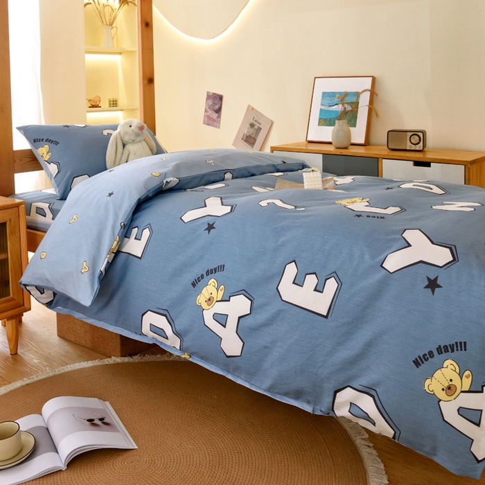 91家纺网 家纺一手货源 找家纺 水妙家纺 2025年新款A类全棉纯棉学生宿舍上下铺床垫套六件套三件套 床垫套布格熊-蓝