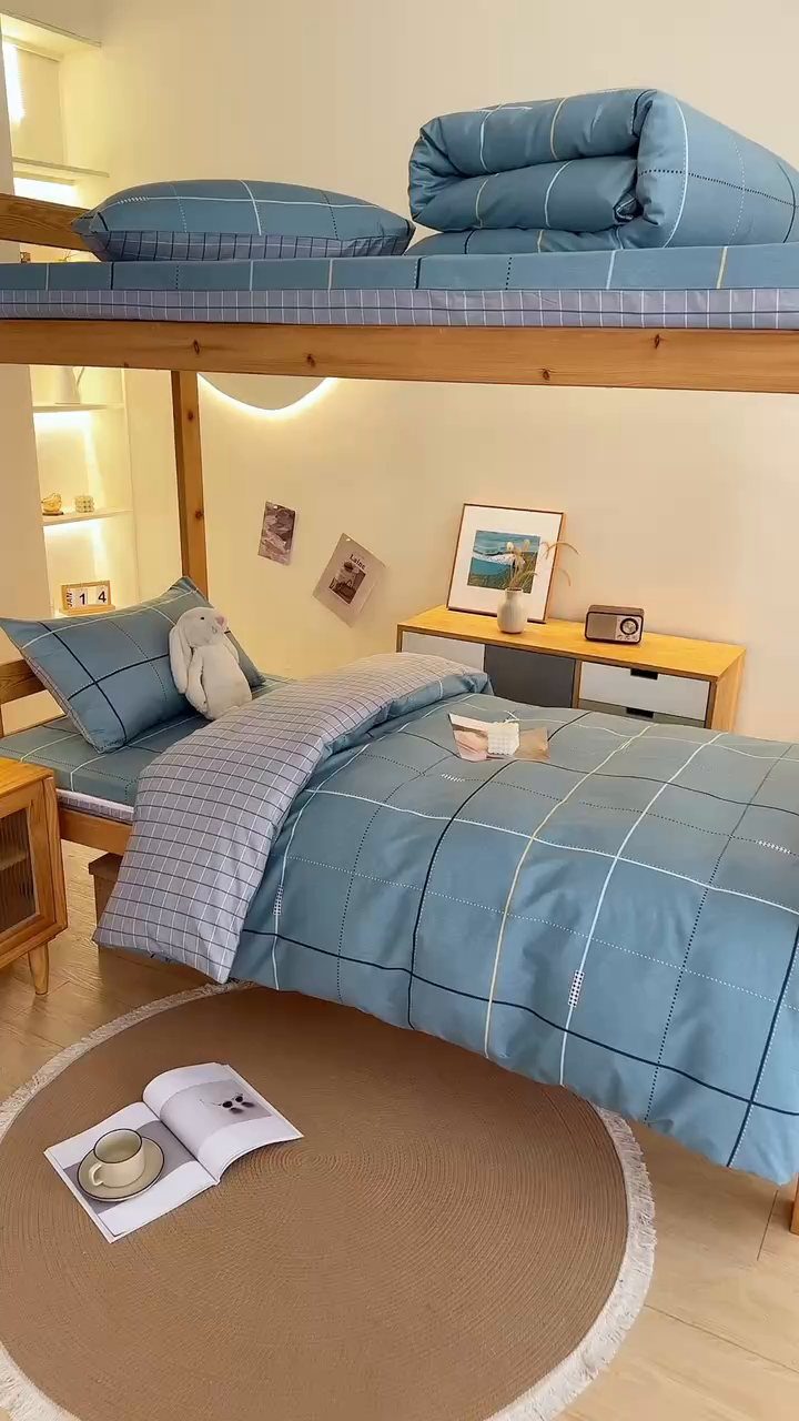 91家纺网 家纺一手货源 找家纺 水妙家纺 2025年新款A类全棉纯棉学生宿舍上下铺床垫套六件套三件套 床垫套宇格-蓝