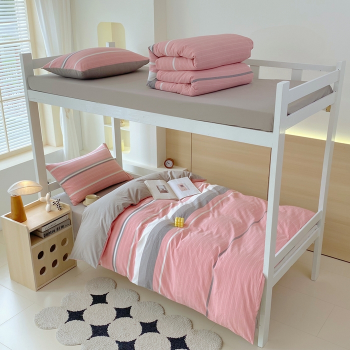 春皖家纺 2025春夏新款AB版全棉纯棉色织水洗棉学生三件套六件套 素雅-蔻粉