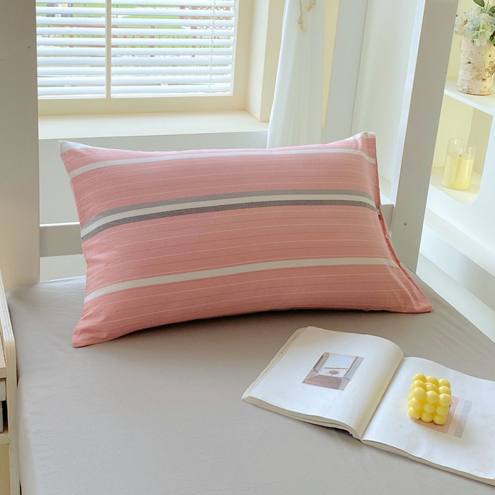 91家纺网 家纺一手货源 找家纺 春皖家纺 2025春夏新款AB版全棉纯棉色织水洗棉学生三件套六件套 素雅-蔻粉