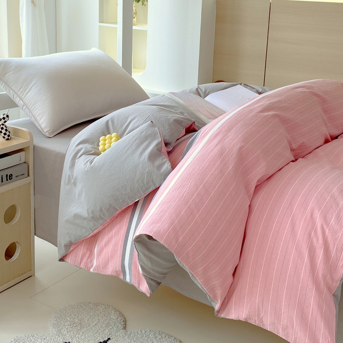 91家纺网 家纺一手货源 找家纺 春皖家纺 2025春夏新款AB版全棉纯棉色织水洗棉学生三件套六件套 素雅-蔻粉