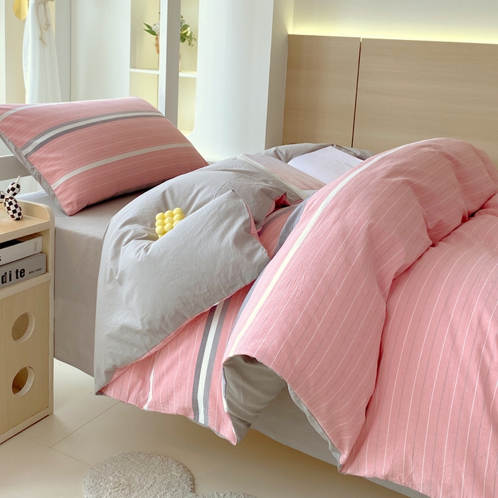 91家纺网 家纺一手货源 找家纺 春皖家纺 2025春夏新款AB版全棉纯棉色织水洗棉学生三件套六件套 素雅-蔻粉