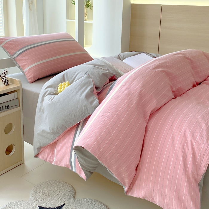 91家纺网 家纺一手货源 找家纺 春皖家纺 2025春夏新款AB版全棉纯棉色织水洗棉学生三件套六件套 素雅-蔻粉