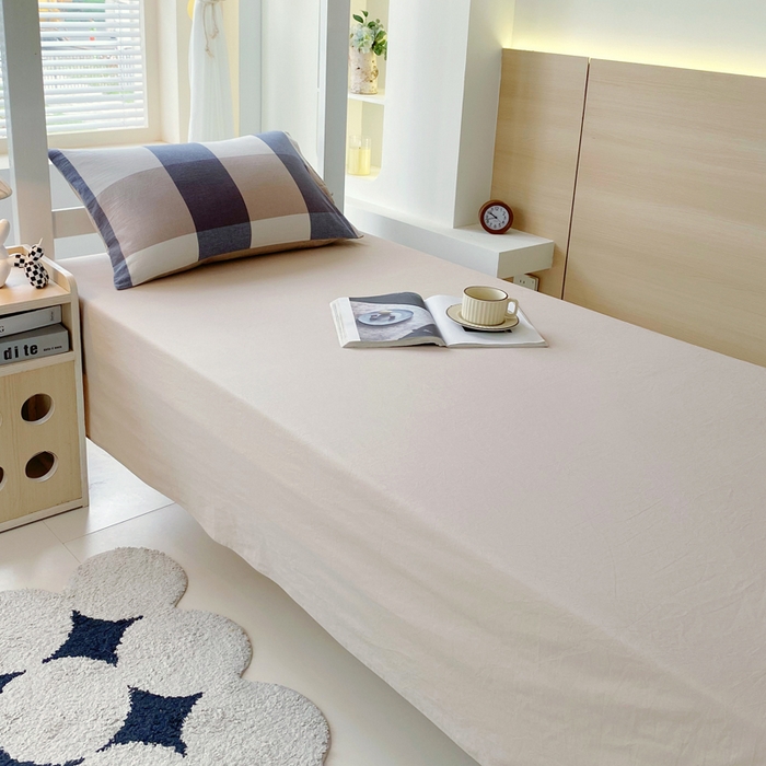 91家纺网 家纺一手货源 找家纺 春皖家纺 2025春夏新款AB版全棉纯棉色织水洗棉学生三件套六件套 素雅-蓝大格