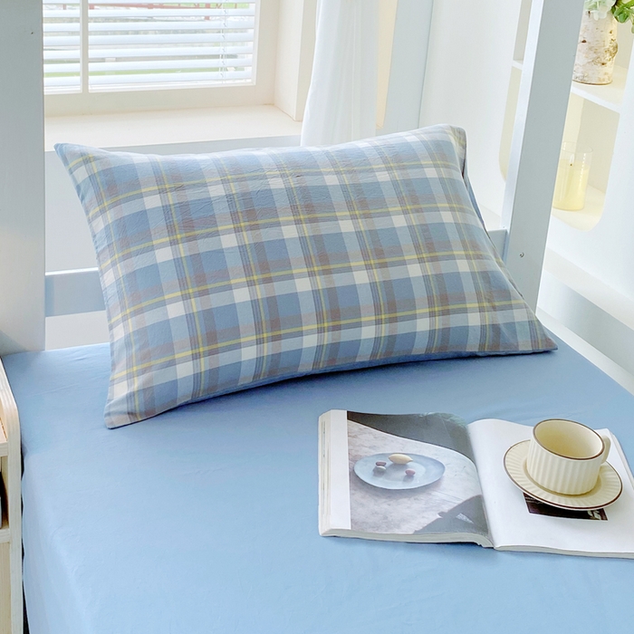 91家纺网 家纺一手货源 找家纺 春皖家纺 2025春夏新款AB版全棉纯棉色织水洗棉学生三件套六件套 素雅-蓝格