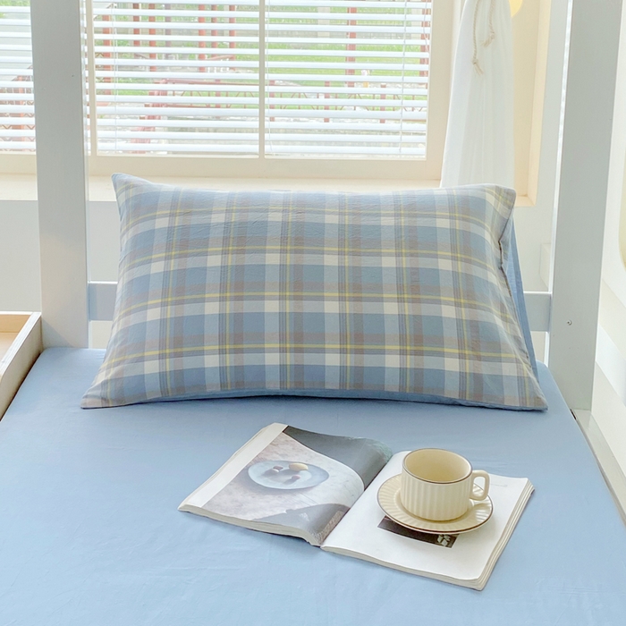 91家纺网 家纺一手货源 找家纺 春皖家纺 2025春夏新款AB版全棉纯棉色织水洗棉学生三件套六件套 素雅-蓝格