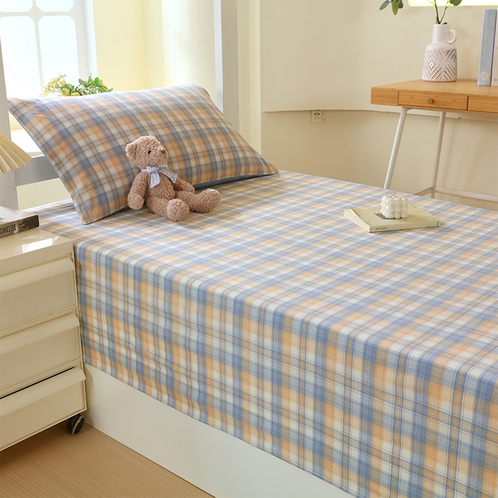 91家纺网 家纺一手货源 找家纺 春皖家纺 2025新款学生季全棉纯棉色织AB版水洗棉单品系列-单床单 床单单件 翠竹-蓝格