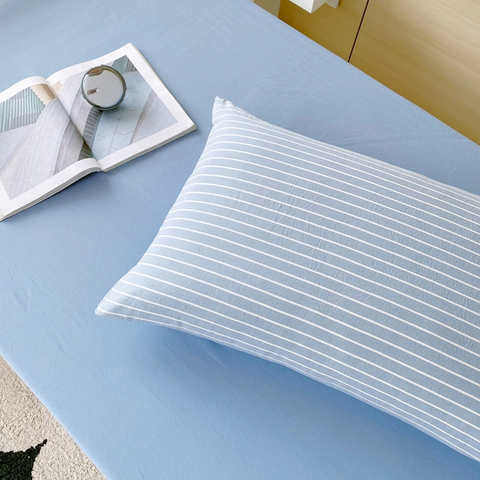 91家纺网 家纺一手货源 找家纺 春皖家纺 2025春夏新款AB版全棉纯棉色织水洗棉学生三件套六件套 素雅-蓝条