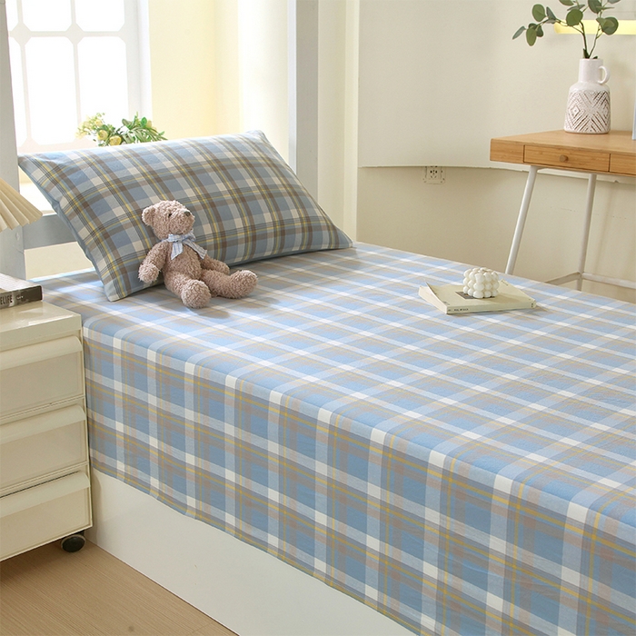 91家纺网 家纺一手货源 找家纺 春皖家纺 2025新款学生季全棉纯棉色织AB版水洗棉单品系列-单床单 床单单件 素雅-蓝格