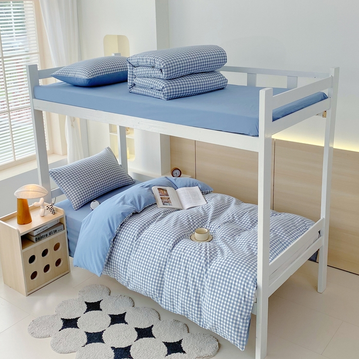 春皖家纺 2025春夏新款AB版全棉纯棉色织水洗棉学生三件套六件套 素雅-蓝小格