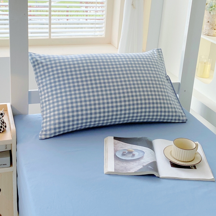 91家纺网 家纺一手货源 找家纺 春皖家纺 2025春夏新款AB版全棉纯棉色织水洗棉学生三件套六件套 素雅-蓝小格