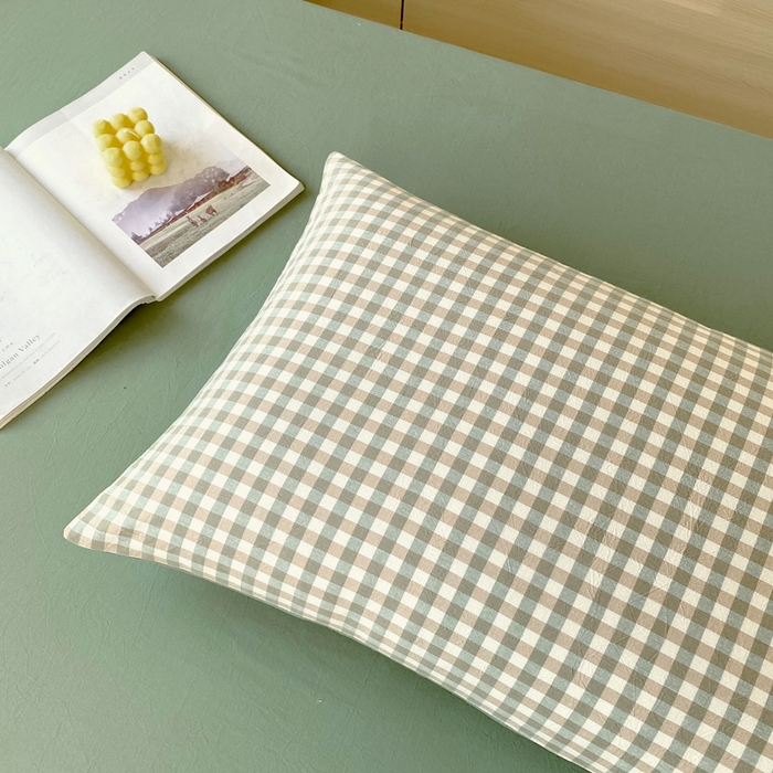 91家纺网 家纺一手货源 找家纺 春皖家纺 2025春夏新款AB版全棉纯棉色织水洗棉学生三件套六件套 素雅-绿格