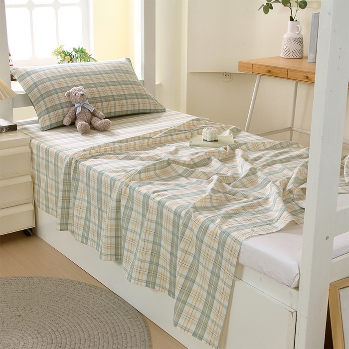 91家纺网 家纺一手货源 找家纺 春皖家纺 2025新款学生季全棉纯棉色织AB版水洗棉单品系列-单床单 床单单件 翠竹-果条