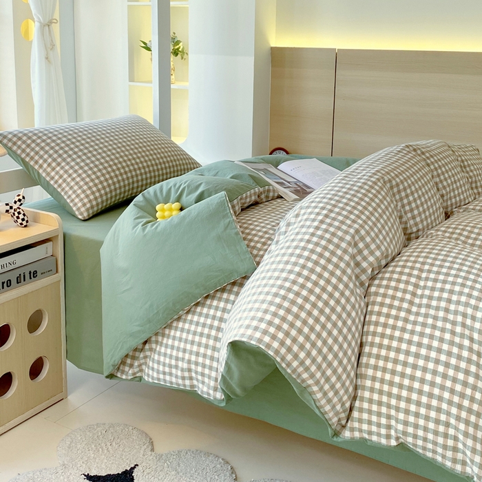 91家纺网 家纺一手货源 找家纺 春皖家纺 2025春夏新款AB版全棉纯棉色织水洗棉学生三件套六件套 素雅-绿格