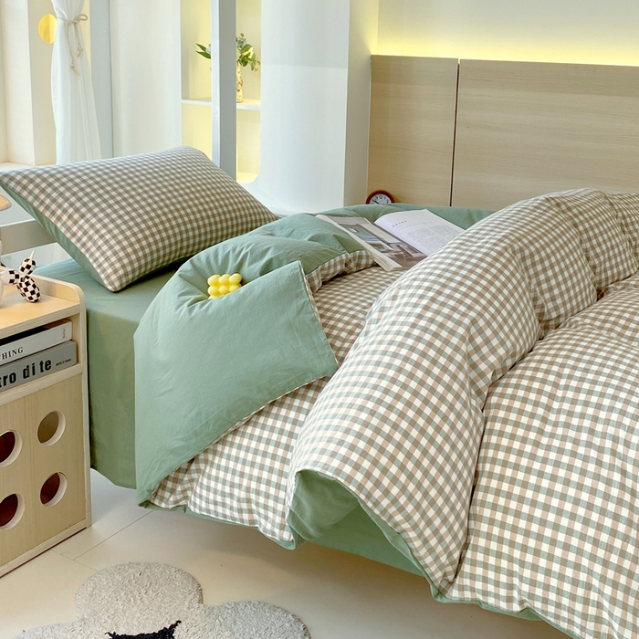 91家纺网 家纺一手货源 找家纺 春皖家纺 2025春夏新款AB版全棉纯棉色织水洗棉学生三件套六件套 素雅-绿格