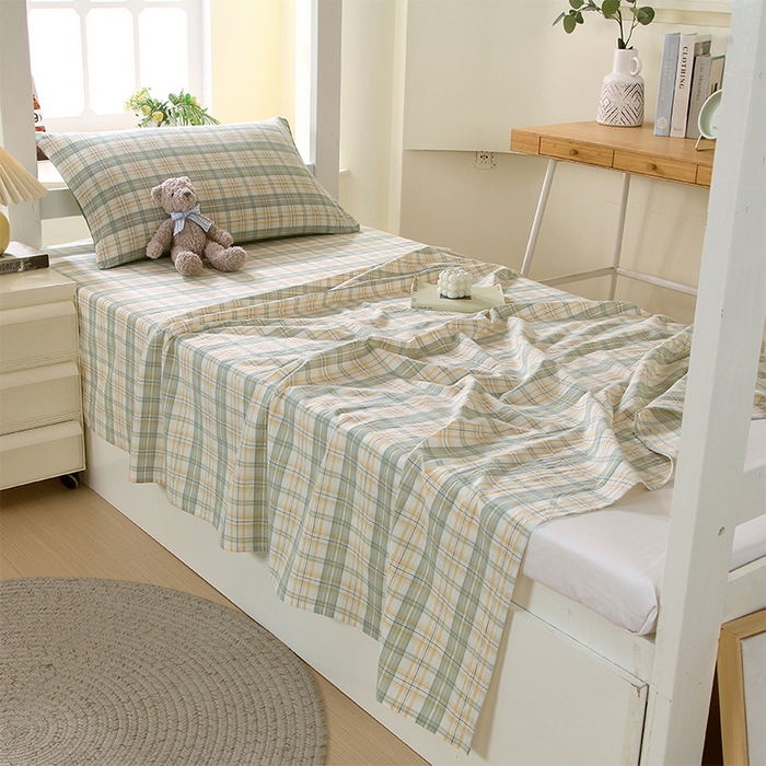 91家纺网 家纺一手货源 找家纺 春皖家纺 2025新款学生季全棉纯棉色织AB版水洗棉单品系列-单床单 床单单件 翠竹-果条