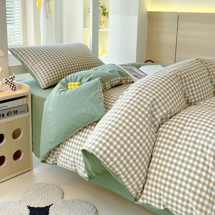 91家纺网 家纺一手货源 找家纺 春皖家纺 2025春夏新款AB版全棉纯棉色织水洗棉学生三件套六件套 素雅-绿格