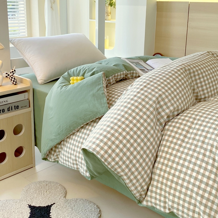 91家纺网 家纺一手货源 找家纺 春皖家纺 2025春夏新款AB版全棉纯棉色织水洗棉学生三件套六件套 素雅-绿格