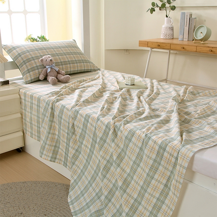 91家纺网 家纺一手货源 找家纺 春皖家纺 2025新款学生季全棉纯棉色织AB版水洗棉单品系列-单床单 床单单件 翠竹-果条