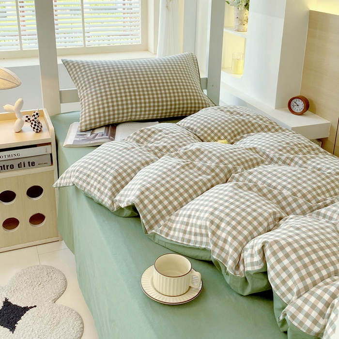 91家纺网 家纺一手货源 找家纺 春皖家纺 2025春夏新款AB版全棉纯棉色织水洗棉学生三件套六件套 素雅-绿格