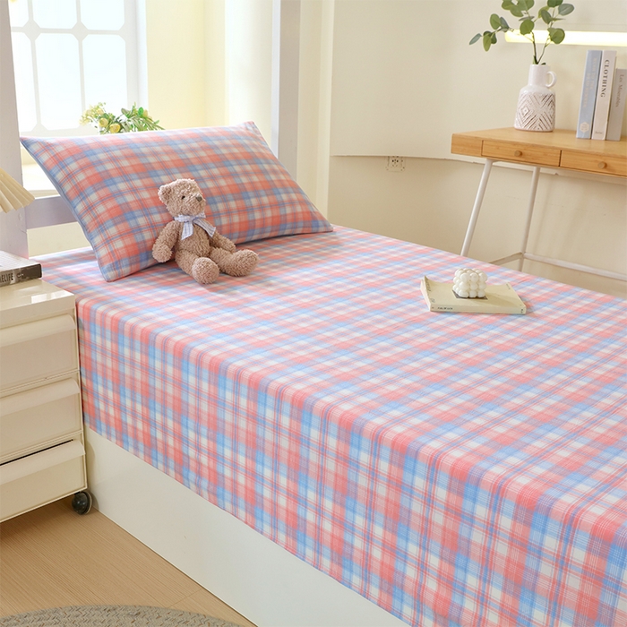 91家纺网 家纺一手货源 找家纺 春皖家纺 2025新款学生季全棉纯棉色织AB版水洗棉单品系列-单床单 床单单件 翠竹-桔格