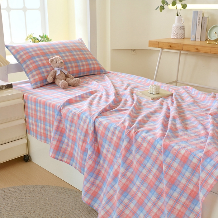 91家纺网 家纺一手货源 找家纺 春皖家纺 2025新款学生季全棉纯棉色织AB版水洗棉单品系列-单床单 床单单件 翠竹-桔格