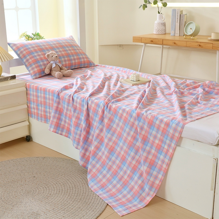 91家纺网 家纺一手货源 找家纺 春皖家纺 2025新款学生季全棉纯棉色织AB版水洗棉单品系列-单床单 床单单件 翠竹-桔格