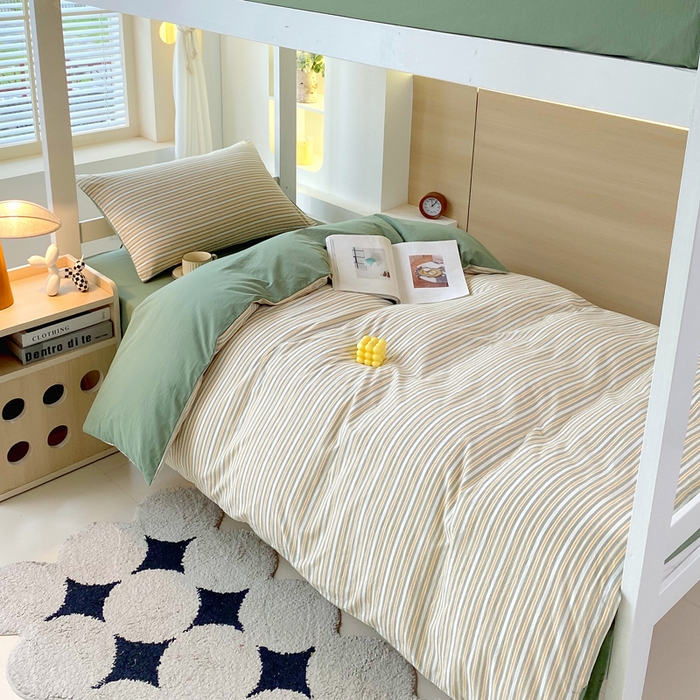 91家纺网 家纺一手货源 找家纺 春皖家纺 2025春夏新款AB版全棉纯棉色织水洗棉学生三件套六件套 素雅-绿条