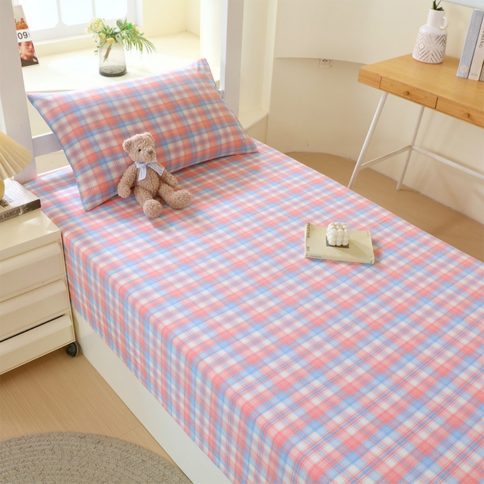 91家纺网 家纺一手货源 找家纺 春皖家纺 2025新款学生季全棉纯棉色织AB版水洗棉单品系列-单床单 床单单件 翠竹-桔格