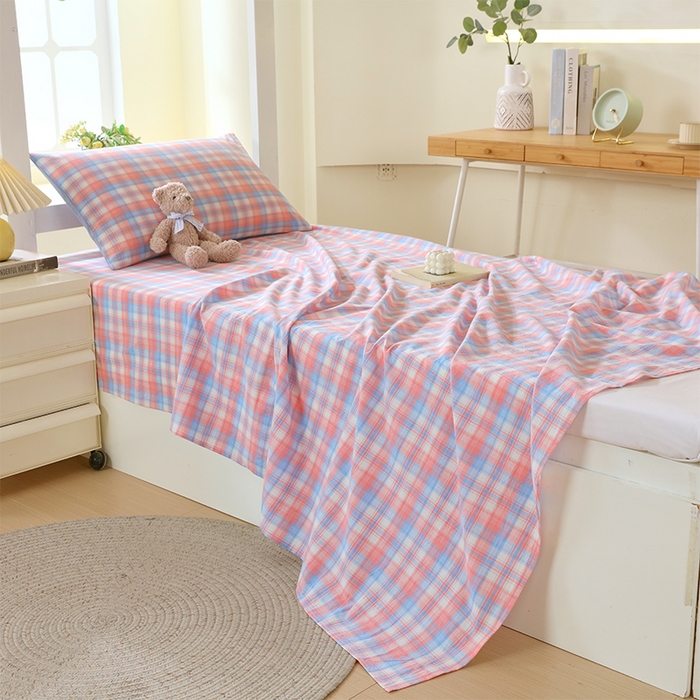 91家纺网 家纺一手货源 找家纺 春皖家纺 2025新款学生季全棉纯棉色织AB版水洗棉单品系列-单床单 床单单件 翠竹-桔格