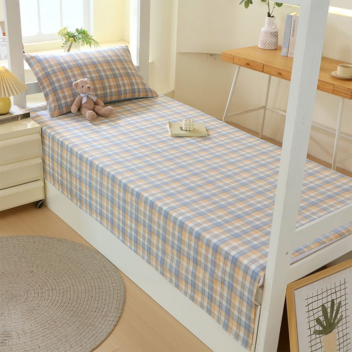 91家纺网 家纺一手货源 找家纺 春皖家纺 2025新款学生季全棉纯棉色织AB版水洗棉单品系列-单床单 床单单件 翠竹-蓝格