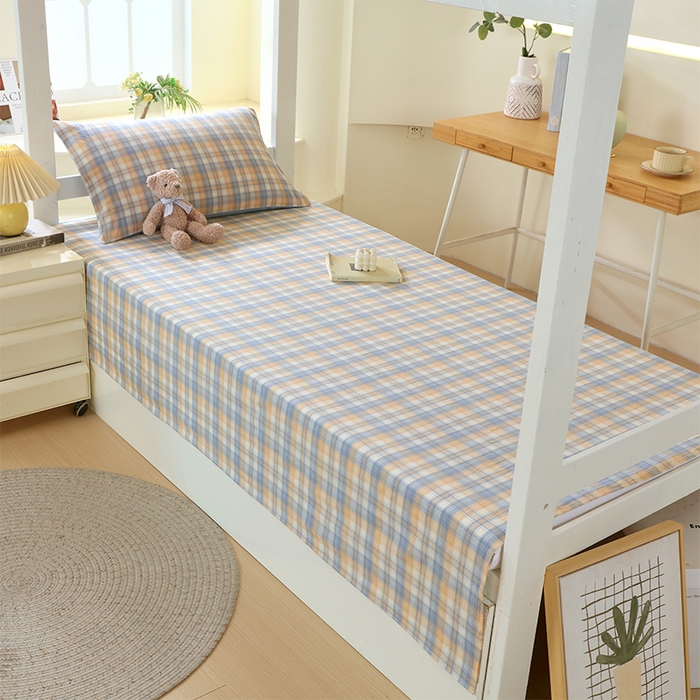 91家纺网 家纺一手货源 找家纺 春皖家纺 2025新款学生季全棉纯棉色织AB版水洗棉单品系列-单床单 床单单件 翠竹-蓝格