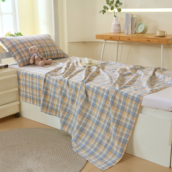 91家纺网 家纺一手货源 找家纺 春皖家纺 2025新款学生季全棉纯棉色织AB版水洗棉单品系列-单床单 床单单件 翠竹-蓝格