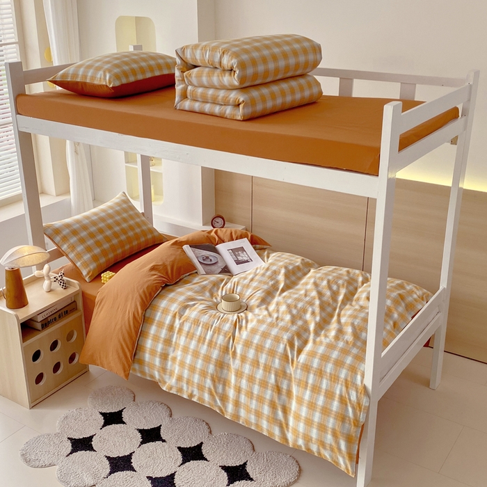 春皖家纺 2025春夏新款AB版全棉纯棉色织水洗棉学生三件套六件套 素雅-沐夏