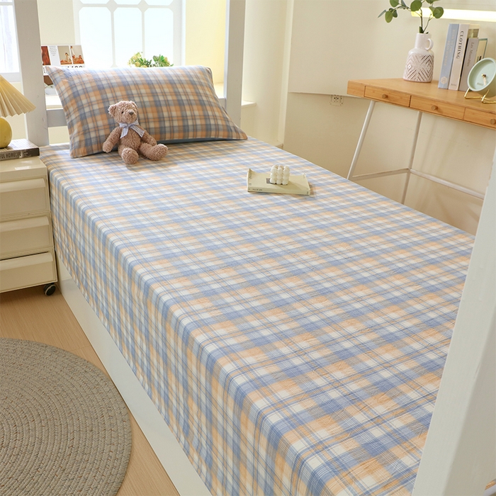 91家纺网 家纺一手货源 找家纺 春皖家纺 2025新款学生季全棉纯棉色织AB版水洗棉单品系列-单床单 床单单件 翠竹-蓝格