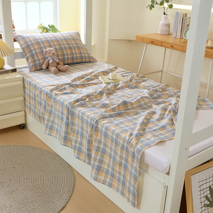 91家纺网 家纺一手货源 找家纺 春皖家纺 2025新款学生季全棉纯棉色织AB版水洗棉单品系列-单床单 床单单件 翠竹-蓝格