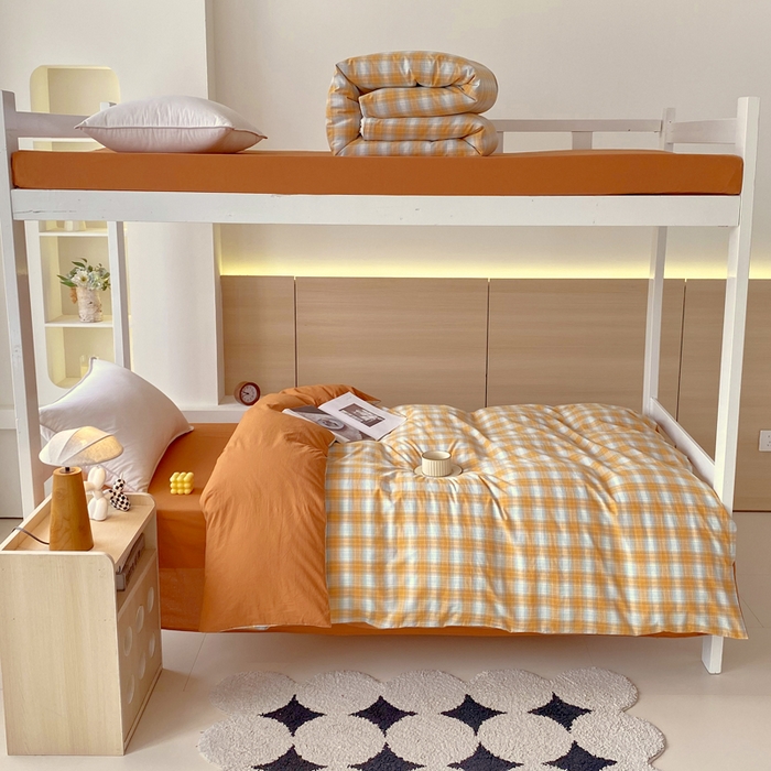 91家纺网 家纺一手货源 找家纺 春皖家纺 2025春夏新款AB版全棉纯棉色织水洗棉学生三件套六件套 素雅-沐夏